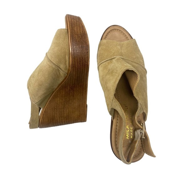 MILE Paoli Suede Wedges Heels Open Toe Nude Beige Women's Size 8.5‎ US - Picture 2 of 5
